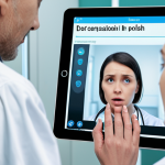 **

Prompt: A compassionate AI assistant interface on a doctor's tablet, subtly detecting patient's frustration (slightly furrowed brow, tight lips) during a virtual consultation in a modern Polish clinic. Focus on conveying empathy and advanced technology working together. Background: blurred medical environment, Polish text on screen.

**