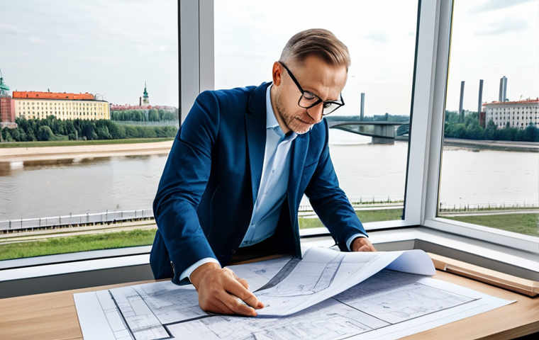 **
A professional architect, fully clothed in a stylish yet modest business outfit, reviewing blueprints in a bright, modern Warsaw office. Large windows overlook the Vistula River. Perfect anatomy, correct proportions, natural pose, well-formed hands, proper finger count, professional, safe for work, appropriate content, family-friendly.
**