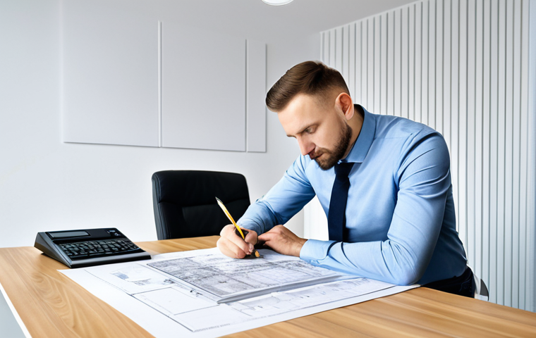 "A professional architect in a bright, modern Warsaw office, reviewing blueprints, fully clothed in business casual attire, safe for work, perfect anatomy, natural pose, professional photography, high quality. Złoty (PLN) on the desk adds a local touch."