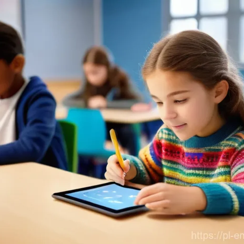 감정인식 AI 기술의 중요성 - A brightly lit, modern classroom environment. A 12-year-old girl, wearing a colorful, age-appropriat...