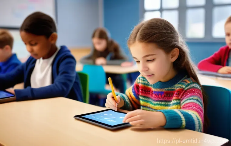 감정인식 AI 기술의 중요성 - A brightly lit, modern classroom environment. A 12-year-old girl, wearing a colorful, age-appropriat...