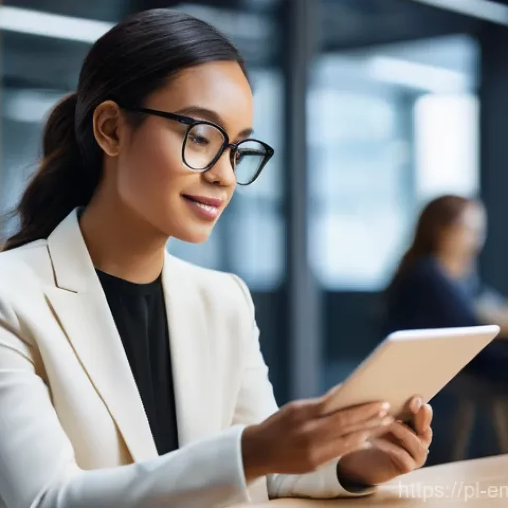 감정인식 AI와 비즈니스 의사결정의 변화 - **Prompt:** A young professional woman, dressed in a smart casual outfit, sits comfortably in a mode...