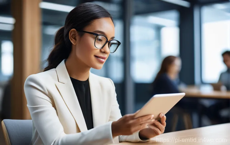 감정인식 AI와 비즈니스 의사결정의 변화 - **Prompt:** A young professional woman, dressed in a smart casual outfit, sits comfortably in a mode...