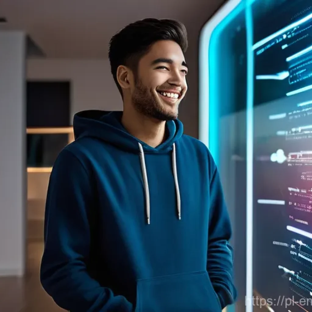 감정인식 AI 기술의 연구 동향 - **Prompt:** A young adult, around 20 years old, with a genuine, relaxed smile, is interacting with a...