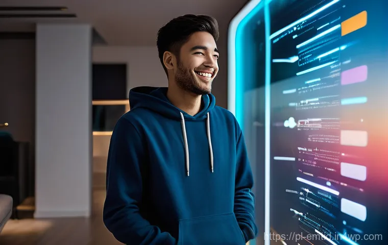 감정인식 AI 기술의 연구 동향 - **Prompt:** A young adult, around 20 years old, with a genuine, relaxed smile, is interacting with a...