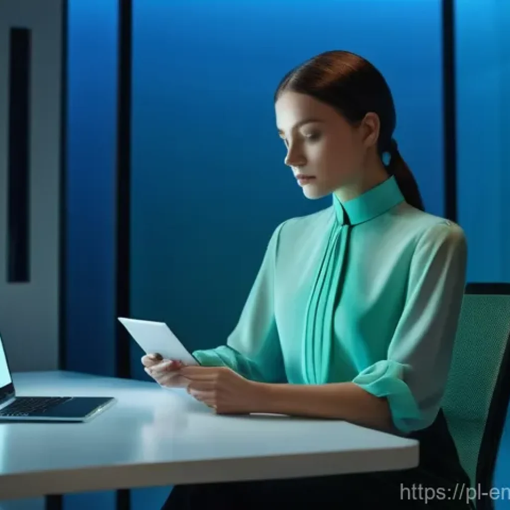 감정인식 AI와 고객 지원의 변화 - **Prompt:** A young, elegantly dressed Polish woman in her late 20s sits comfortably at a sleek, min...