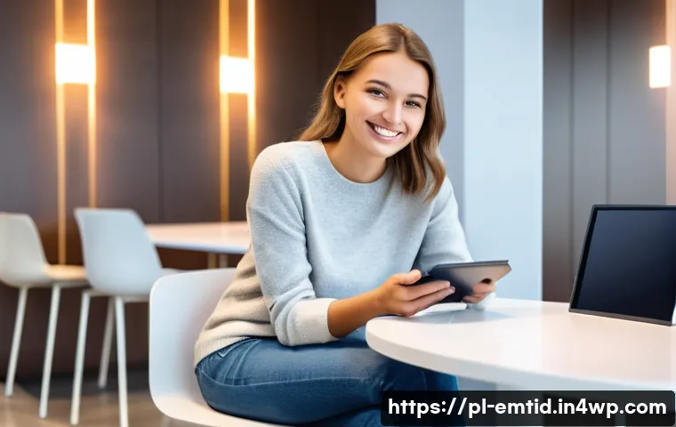 감정인식 AI의 미래 예측 - A young Polish woman, around 25-30 years old, with a bright, relieved smile, is comfortably seated i...