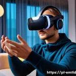 감정인식 AI와 가상 현실의 융합 - A futuristic VR user wearing comfortable, high-tech VR goggles and lightweight clothing, interacting...