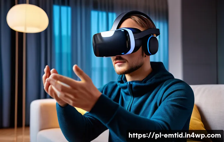 감정인식 AI와 가상 현실의 융합 - A futuristic VR user wearing comfortable, high-tech VR goggles and lightweight clothing, interacting...