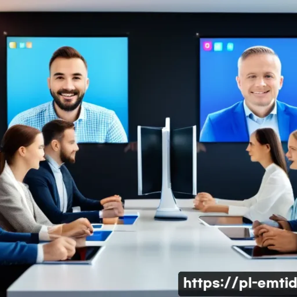 감정인식 AI와 감정 인식 도구 - A modern Polish office scene showing a diverse group of professionals using advanced AI emotion reco...