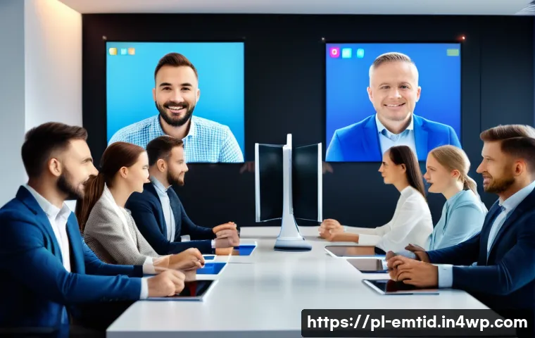 감정인식 AI와 감정 인식 도구 - A modern Polish office scene showing a diverse group of professionals using advanced AI emotion reco...