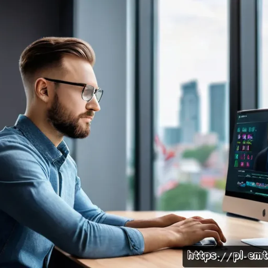 감정인식 AI 기술의 발전 방향 - A modern, sleek workspace featuring a young professional using a laptop with an emotional AI interfa...