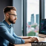 Home 22 감정인식 AI 기술의 발전 방향 - A modern, sleek workspace featuring a young professional using a laptop with an emotional AI interfa...