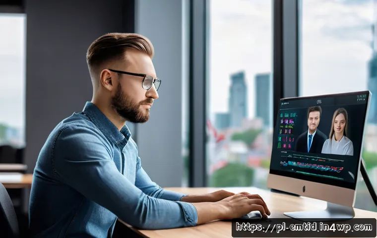감정인식 AI 기술의 발전 방향 - A modern, sleek workspace featuring a young professional using a laptop with an emotional AI interfa...