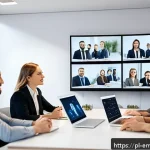 Home 21 감정인식 AI와 다양한 산업의 융합 - A modern Polish office environment showing a diverse team of professionals engaged in a meeting, wit...